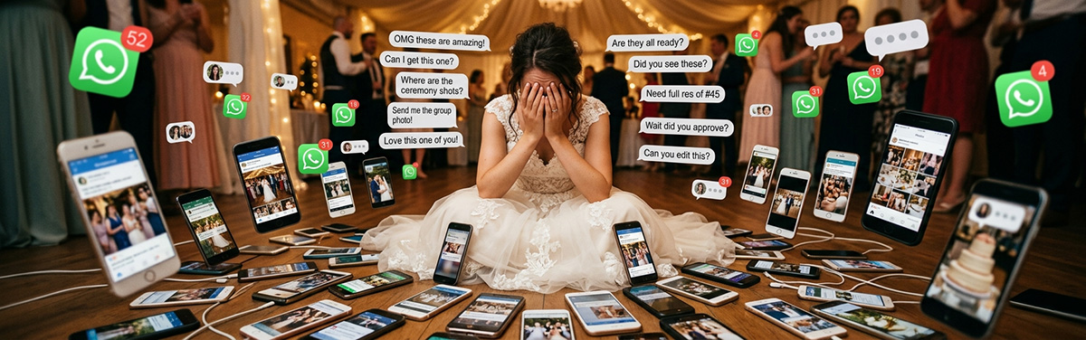 A bride sits surrounded by phones and incoming messages
