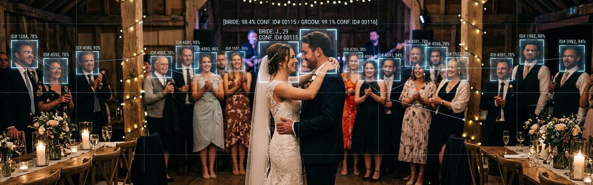 Facial recognition scans a room of wedding guests