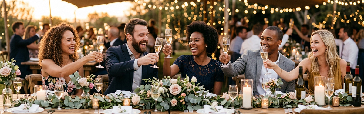 Wedding guests celebrate at a table