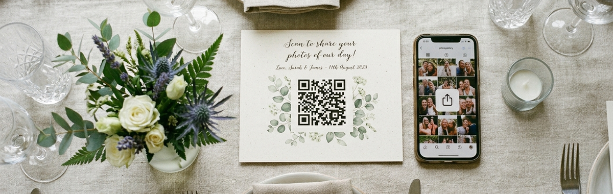 A wedding table complete with phone showing an album of photo