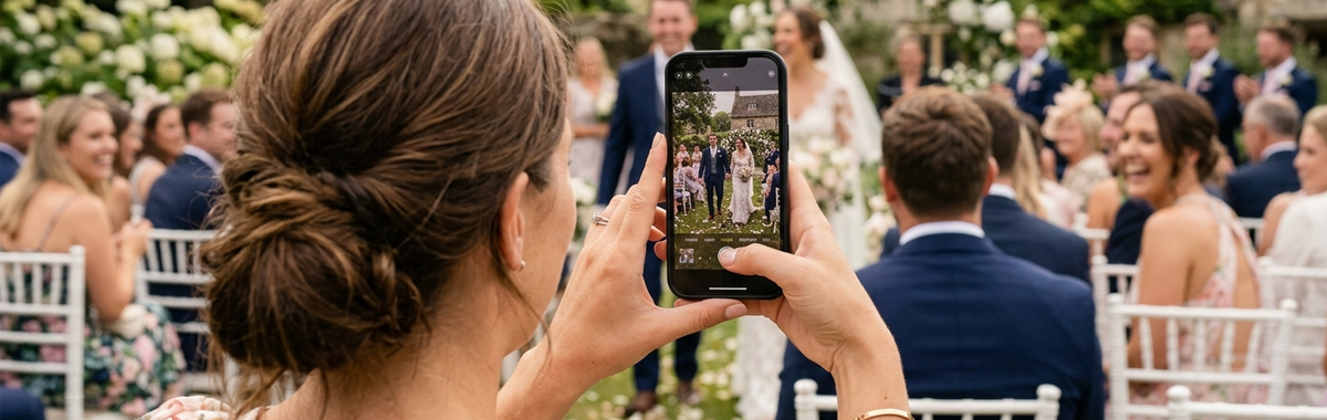 A guest takes a photo at a wedding