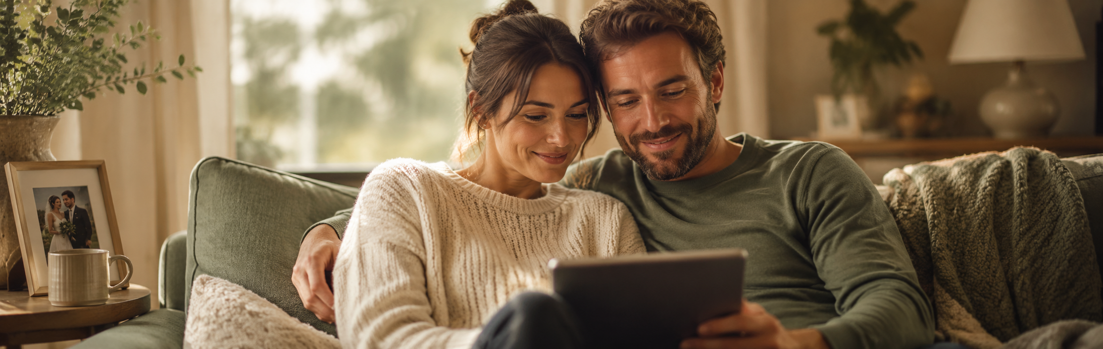 A couple on a sofa looking at their wedding photos on a tablet computer