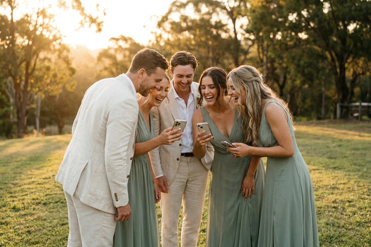 Members of a wedding party laughing together, two of them holding phones after taking photos