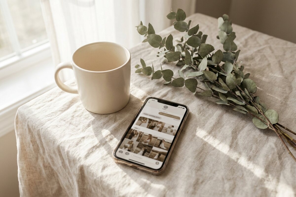 A phone on a table showing a message thread full of wedding photo thumbnails