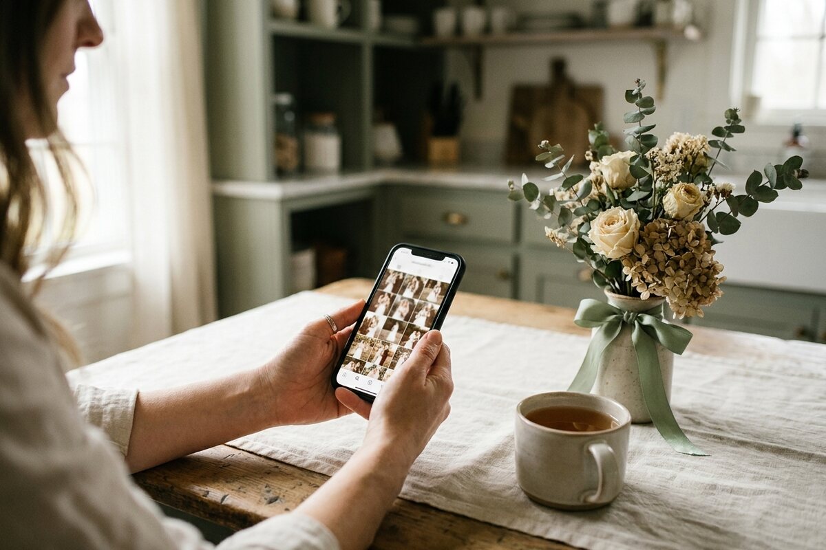 A newly married couple looking at wedding photos together on a phone at home