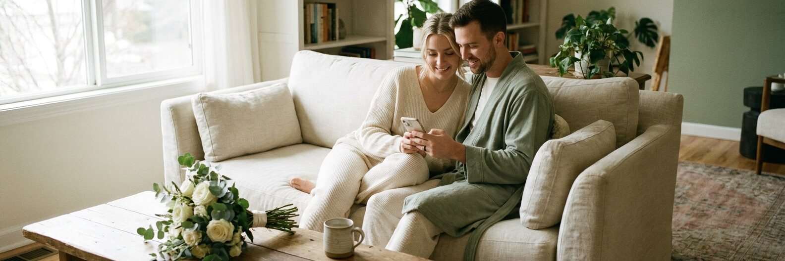 A newly married couple looking through wedding photos on a phone at home the morning after