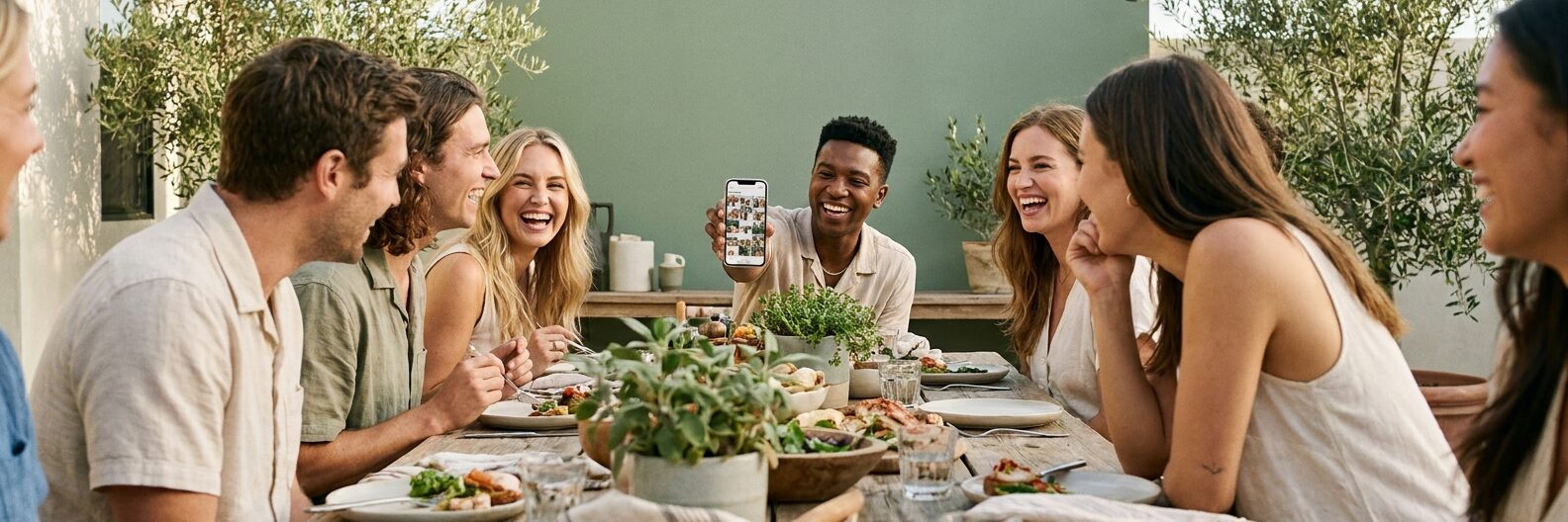 A group of friends collecting and sharing photos together at an outdoor celebration