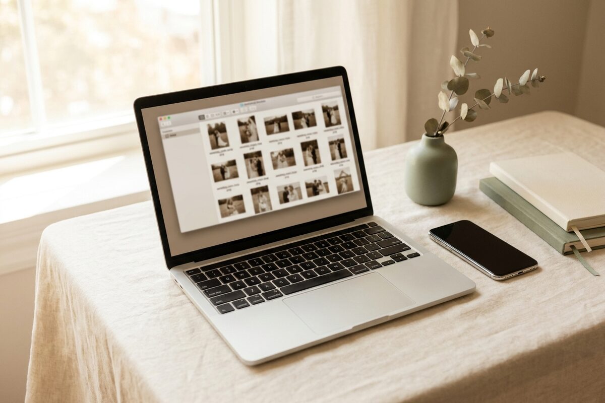 A laptop showing a shared folder of full-resolution wedding photos