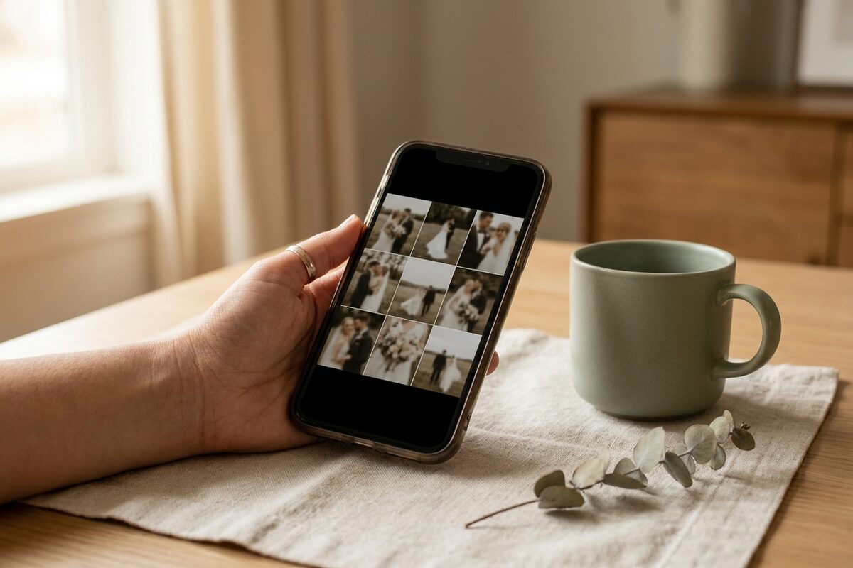 A phone showing a shared album of wedding photos collected from guests