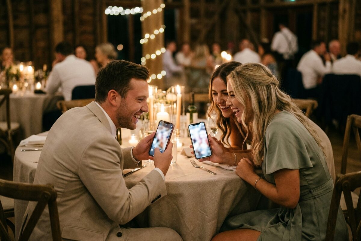 Wedding guests comparing photos on their phones in a group chat