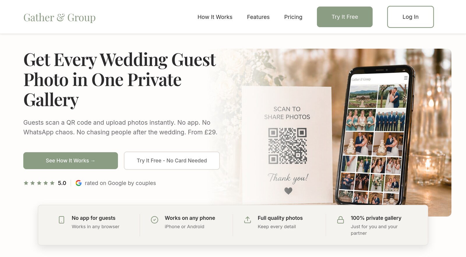 The Gather & Group homepage, showing QR code photo sharing for weddings