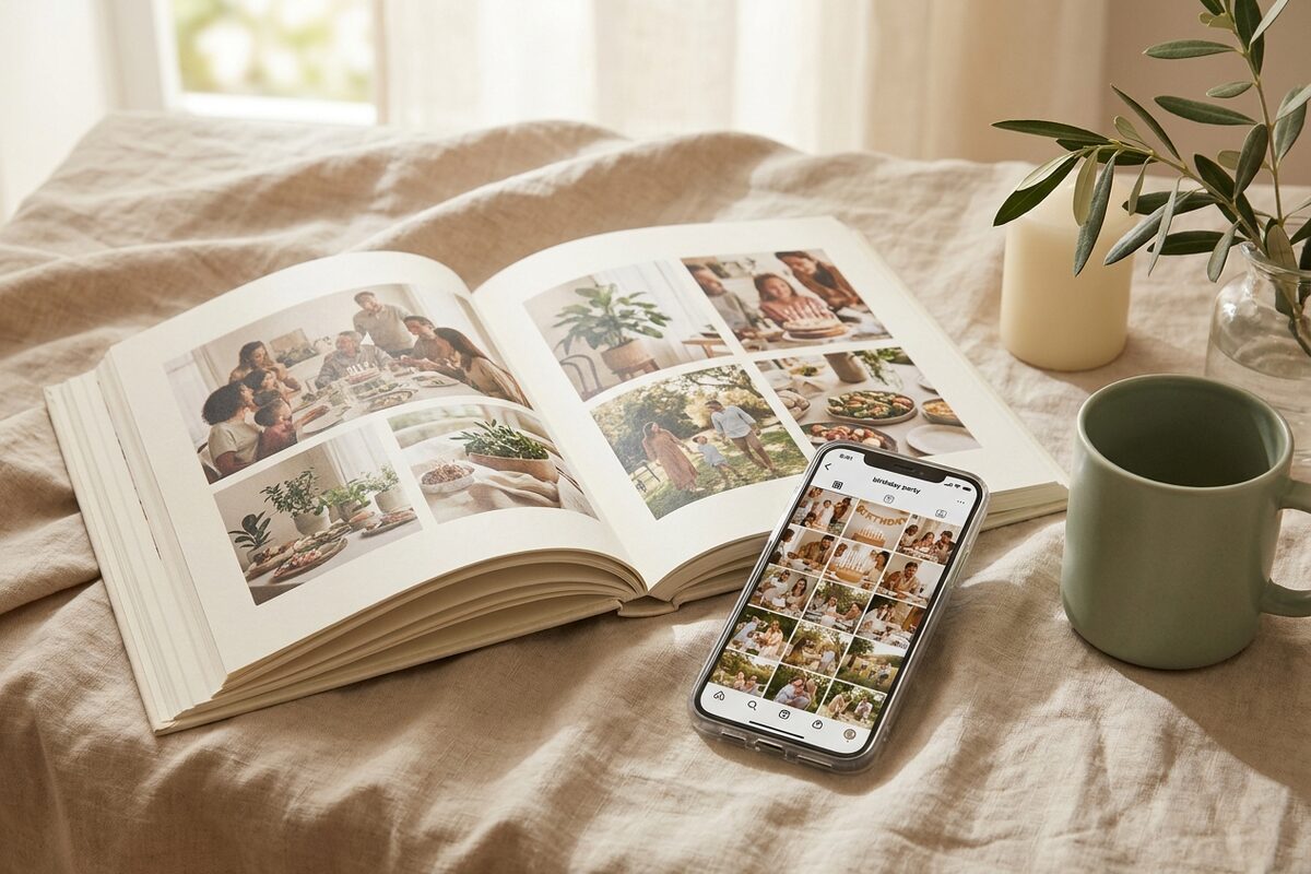 Guest photos automatically organised into a shared
  gallery on a phone beside a printed photobook
