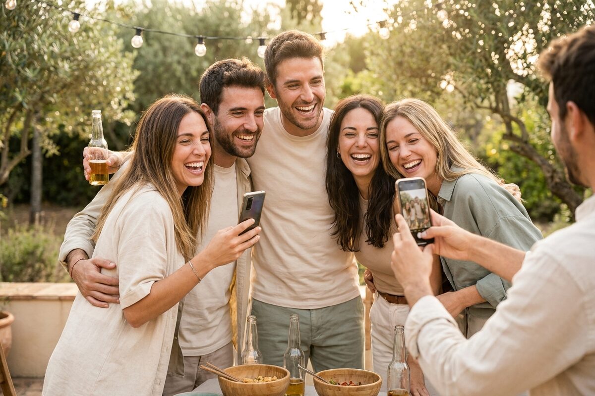 A group
  of friends at an outdoor party taking photos of each other on their phones