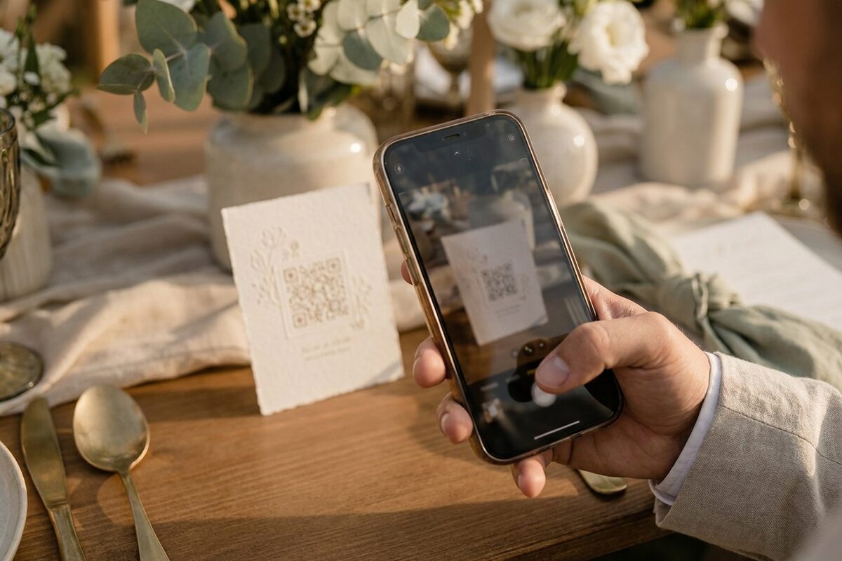 A wedding guest scanning a QR code card on the table to upload their photos to a shared album