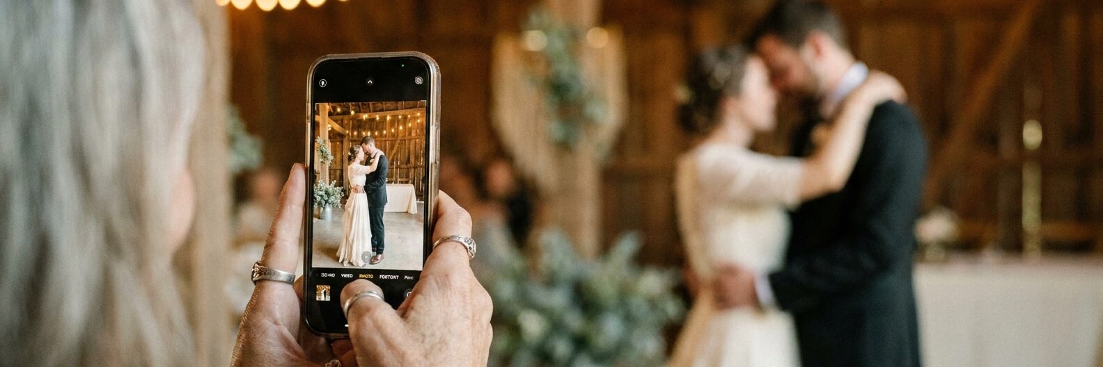 A wedding guest photographing the first dance on their phone at a barn reception