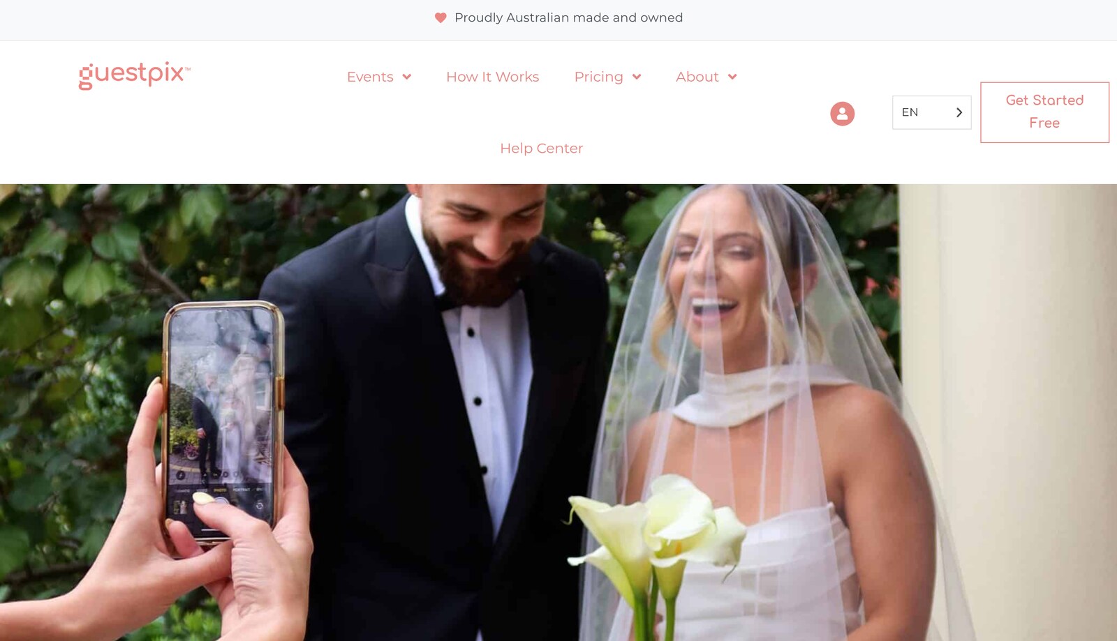 The GuestPix homepage, showing its QR code photo sharing for weddings