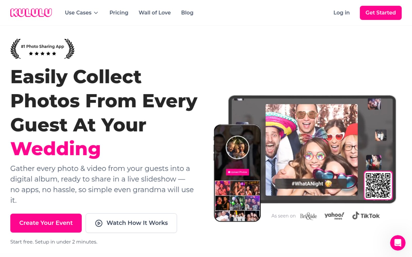 The Kululu homepage, showing its QR code photo sharing and live slideshow