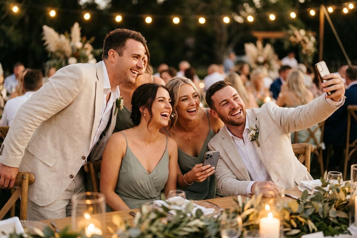 Wedding guests sharing photos from their phones at an evening reception