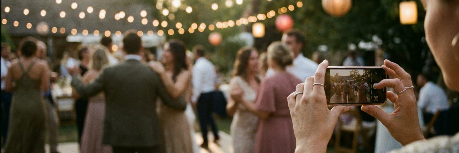 Wedding reception guests photographing the couple on their phones at golden hour