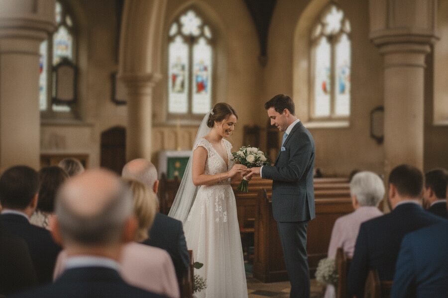 The same moment shot from the back of the church with heads of seated guests blocking the view
