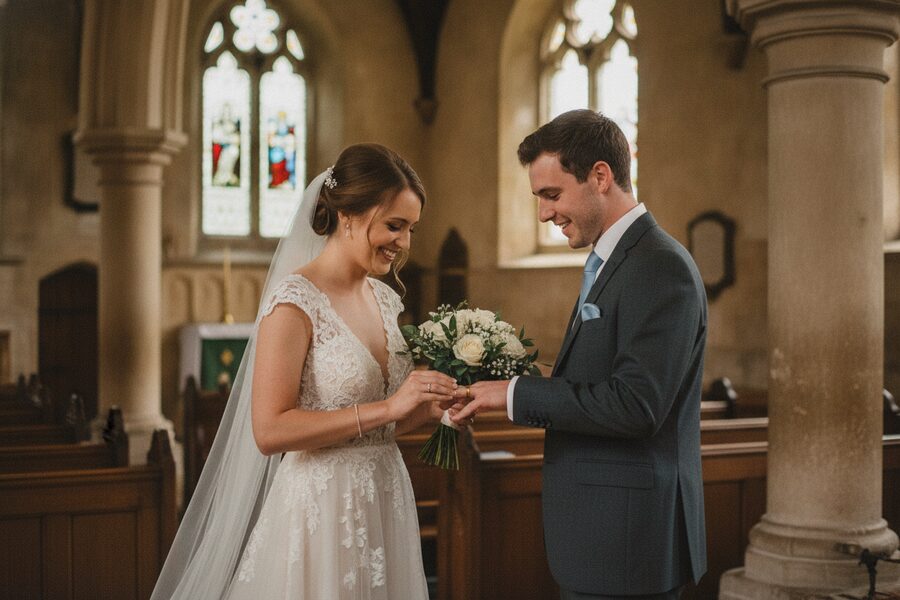 A sharp, close wedding photo of a couple exchanging rings taken from a few steps away