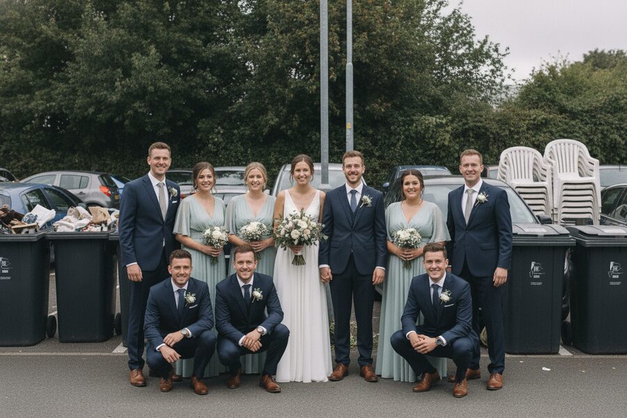 The same wedding group photographed in a parking area with bins, cars and a lamp post behind them