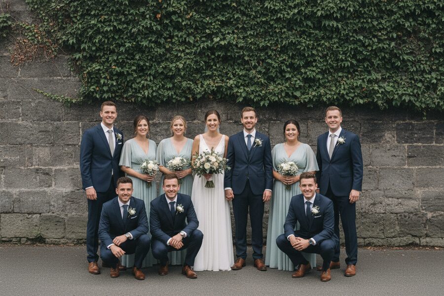 A wedding group photo posed in two neat rows in front of a plain ivy covered wall