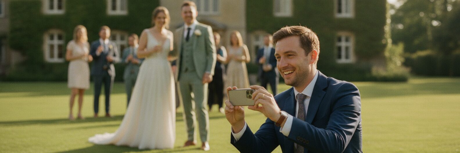 A wedding guest crouching to photograph a bride and groom on a smartphone outside an English country house