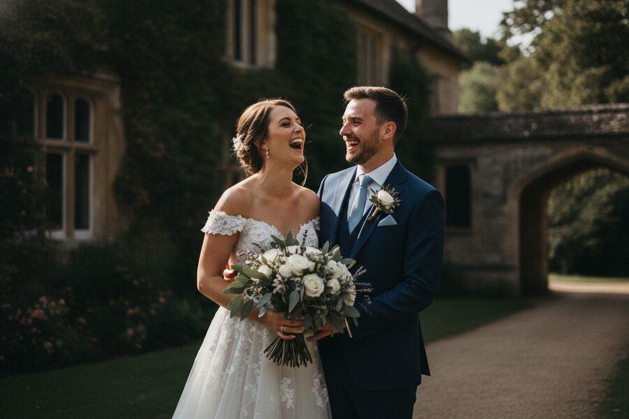 A sharp, clear wedding photo of a laughing bride and groom taken with a clean phone lens
