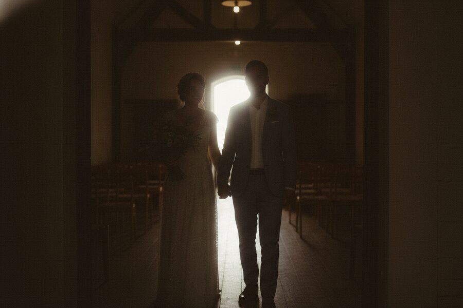 The same couple photographed against a bright window, their faces lost in dark silhouette