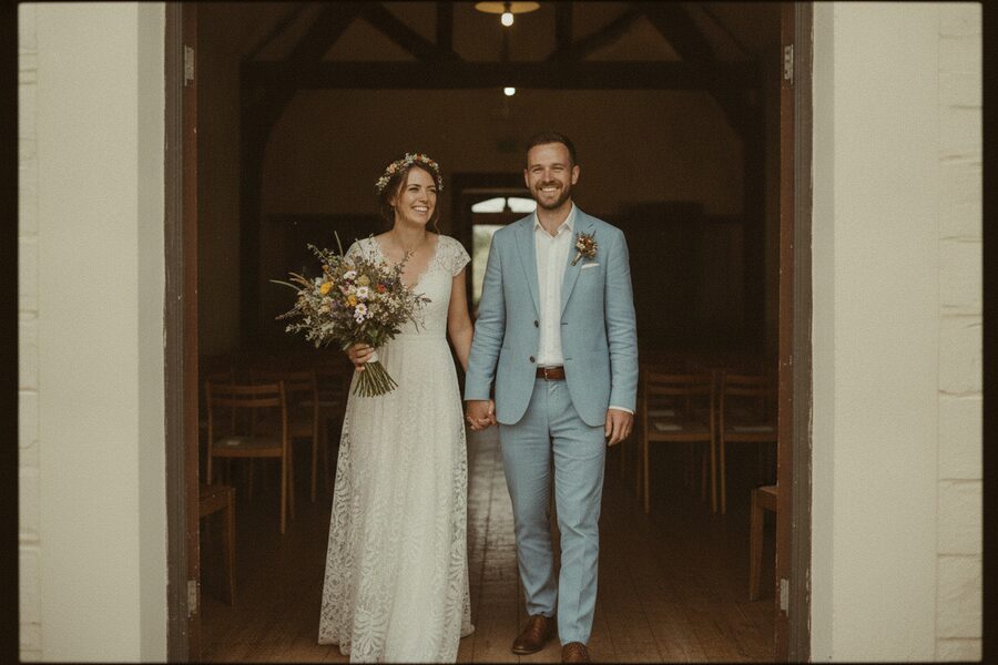 A bride and groom in a doorway with soft daylight falling on their faces, both clearly visible