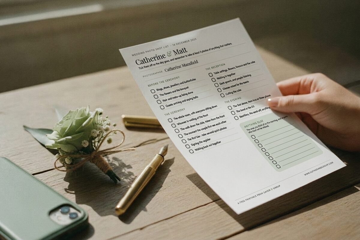 A hand holding a printed copy of the Gather and Group wedding photo shot list on a wooden table beside a phone, a pen and a lapel flower