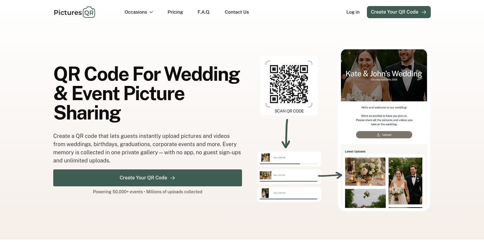 The PicturesQR homepage, showing its QR code photo sharing for weddings and events