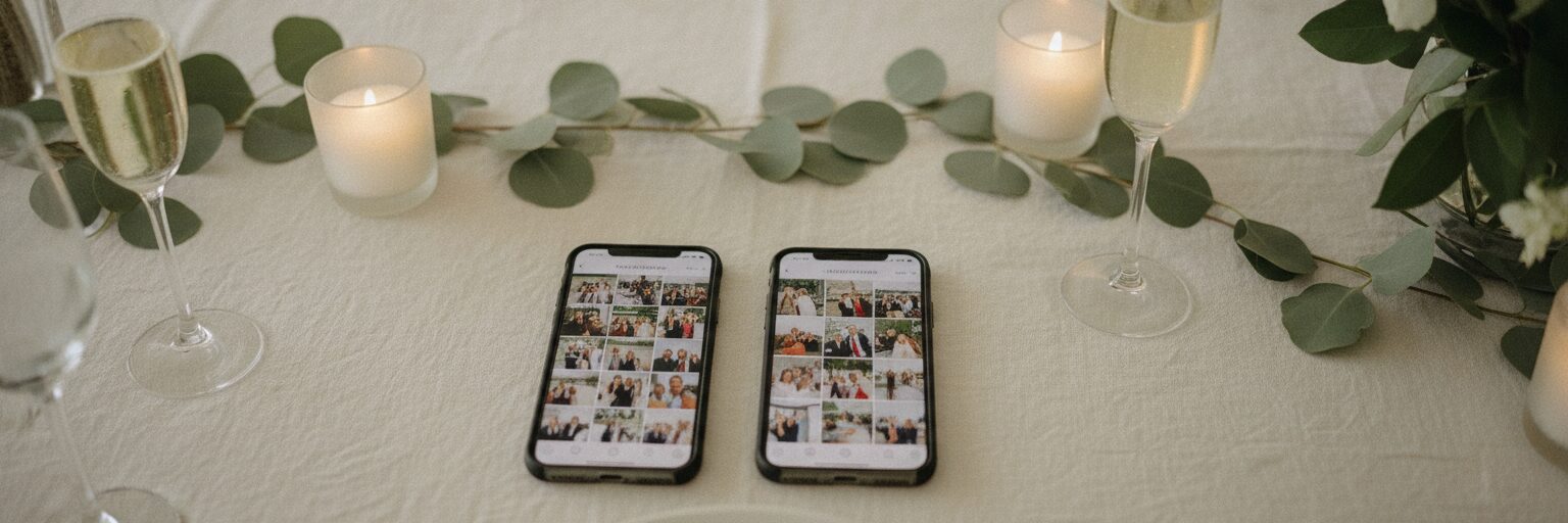 Two phones showing guests' wedding photos on a reception table with eucalyptus and candles