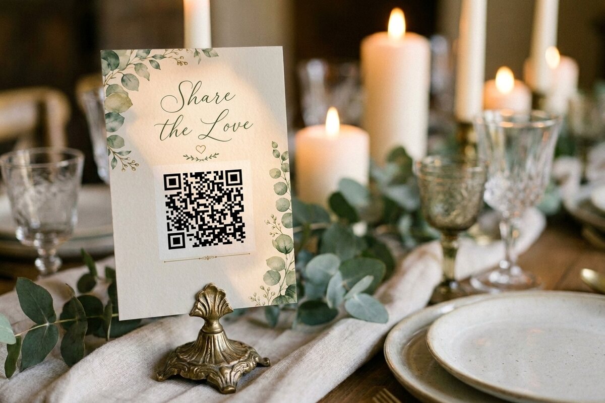 A blank botanical wedding card standing in a brass holder on a dressed table