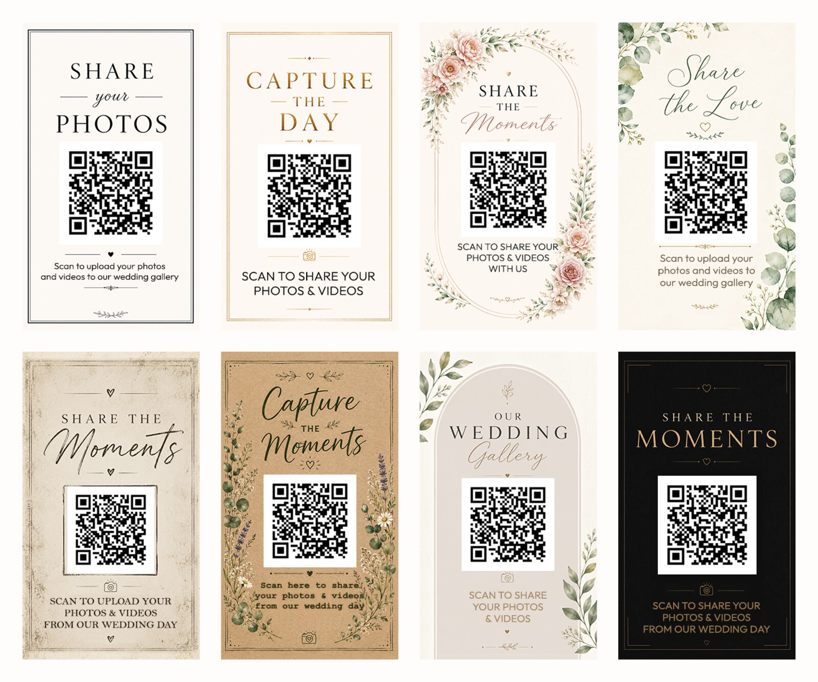 Eight wedding QR code card designs: Modern Minimal, Editorial Luxury, Romantic Floral, Botanical Watercolour, Rustic, Rustic Woodland, Modern Arch and Dark Elegance
