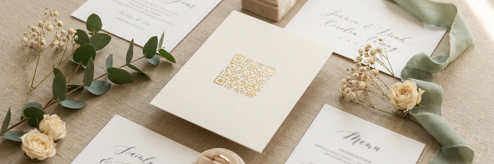 A wedding guest scanning a printed QR code sign on a candlelit reception table