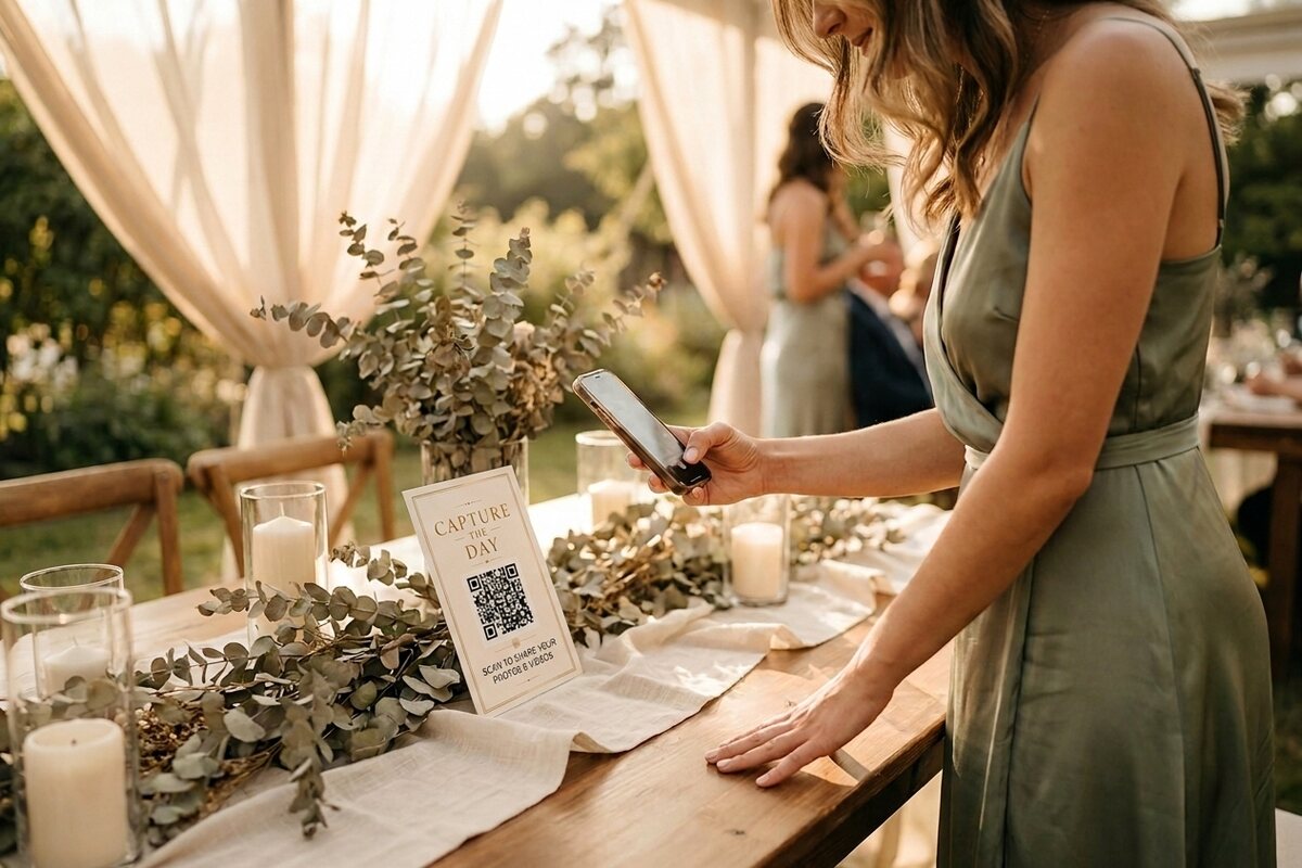 A wedding guest scanning a QR code card on a reception table with her phone