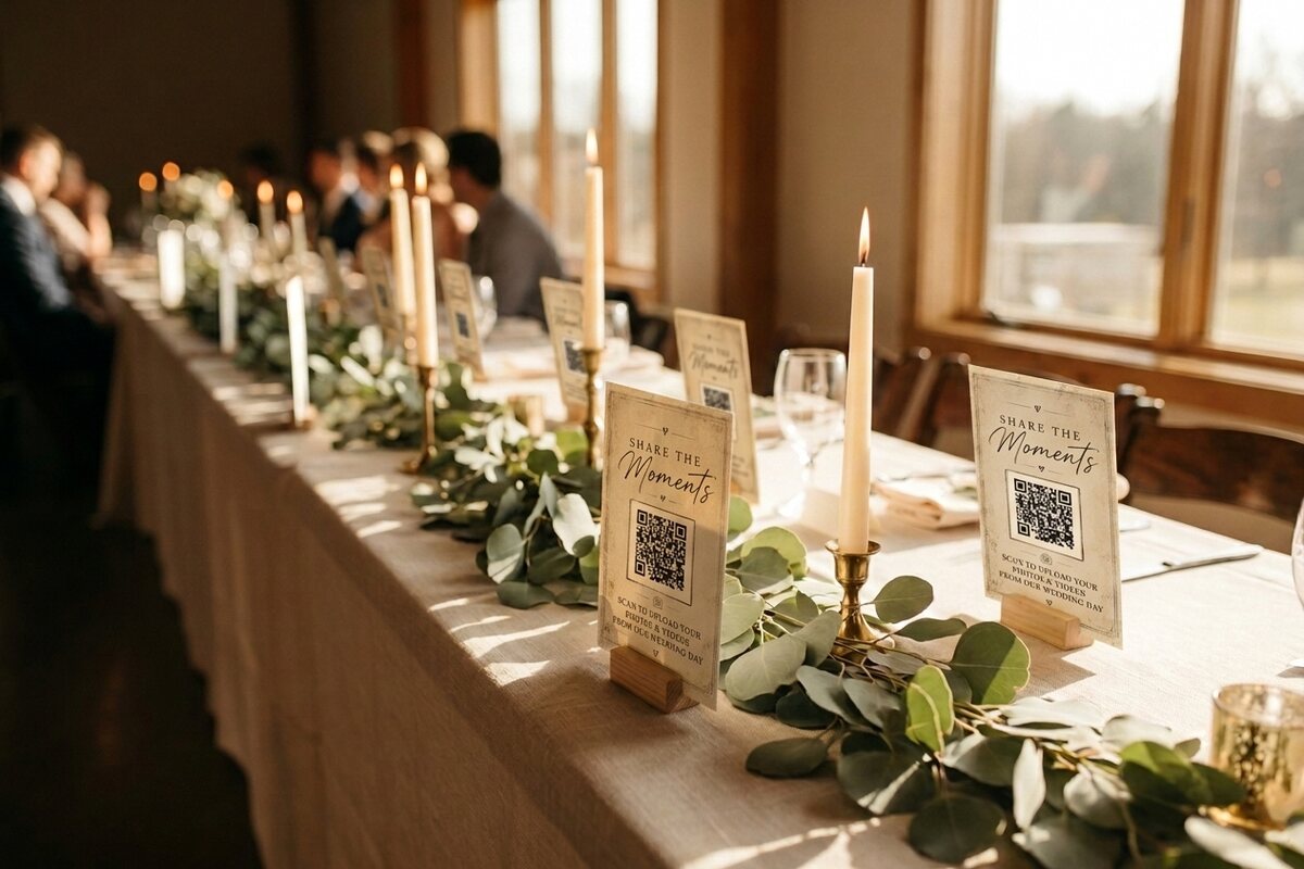 Blank cards placed along a long wedding reception table between candles and eucalyptus