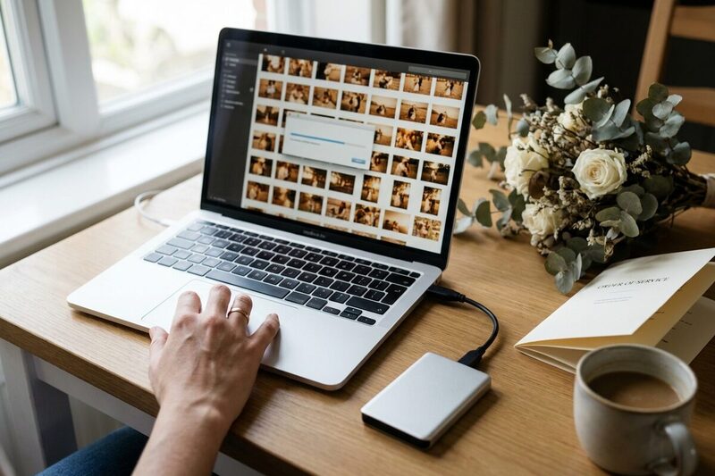 A laptop showing a grid of wedding photos being copied to a small external hard drive, beside a dried bouquet and an order of service
