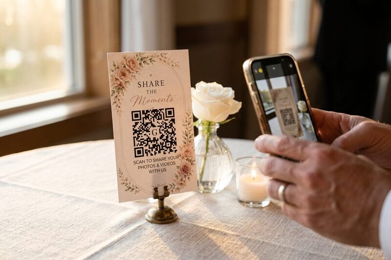 A guest scanning a floral Gather & Group QR code table card with their phone beside a candle and a white rose