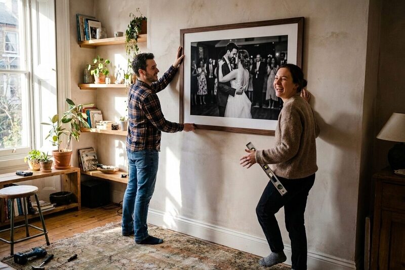 A newly married couple hanging a large framed print of their first dance on their living room wall