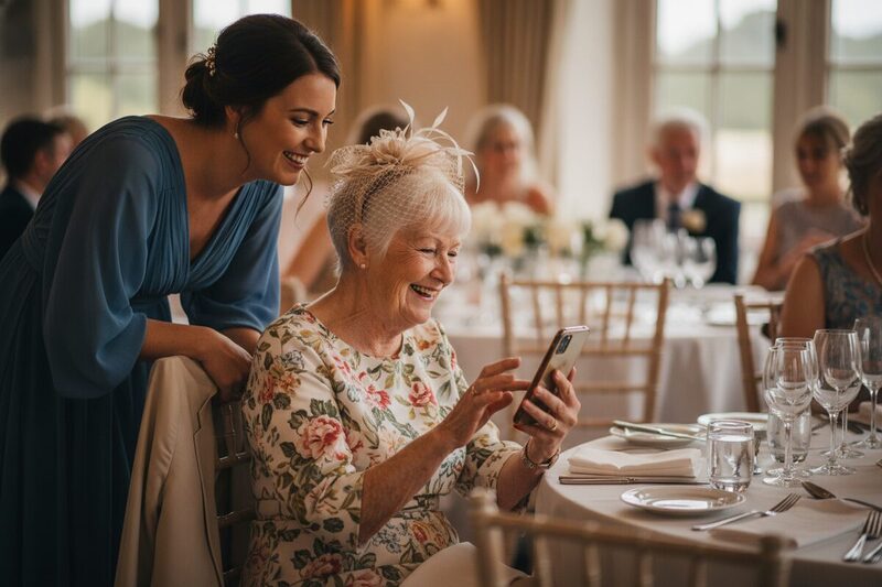 A smiling grandmother at a wedding reception using her phone while her granddaughter leans in beside her