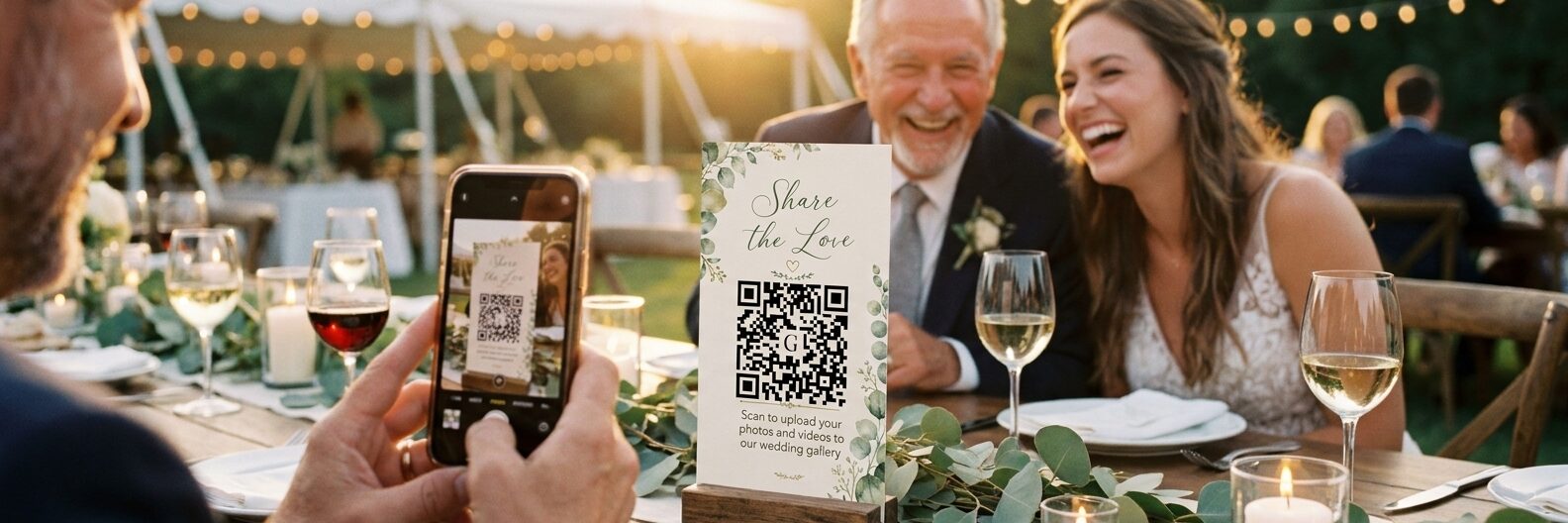 A wedding guest scanning a Gather & Group QR code table card at a sunlit outdoor reception while two guests laugh across the table
