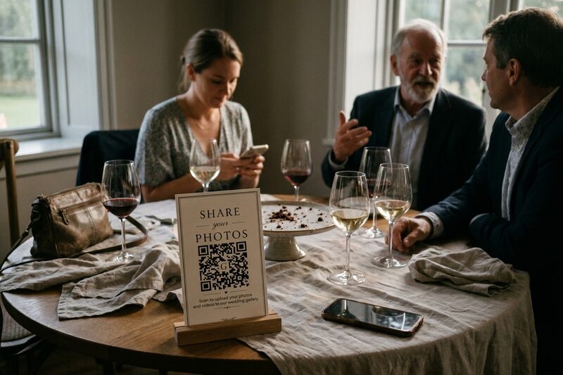 A wedding reception table late in the evening with a Gather & Group QR code card in front while guests chat and one checks her phone