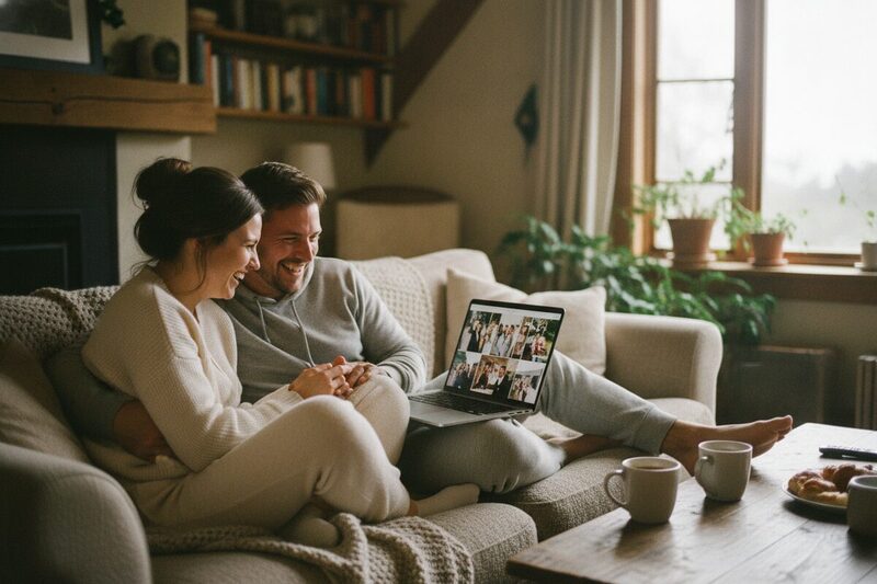A newly married couple laughing on the sofa as they look through their wedding photos on a laptop