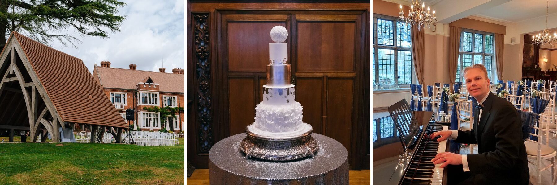 A wedding venue in Sussex, a four-tier white and silver wedding cake, and a pianist at a baby grand piano
