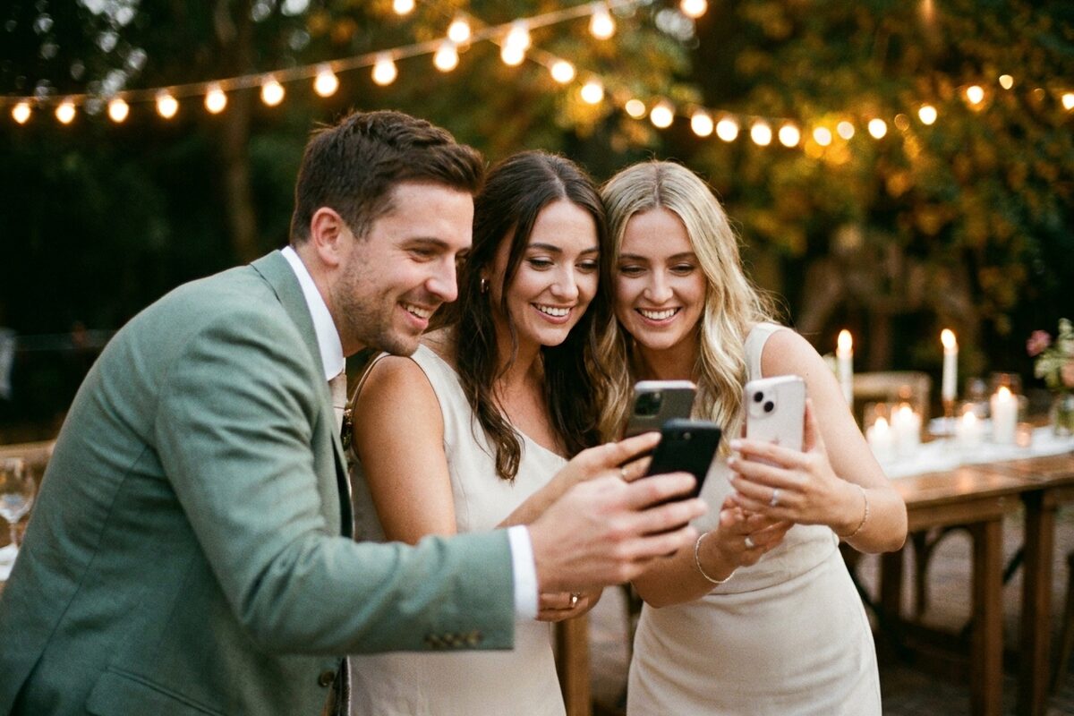Wedding guests uploading photos from their phones at a reception