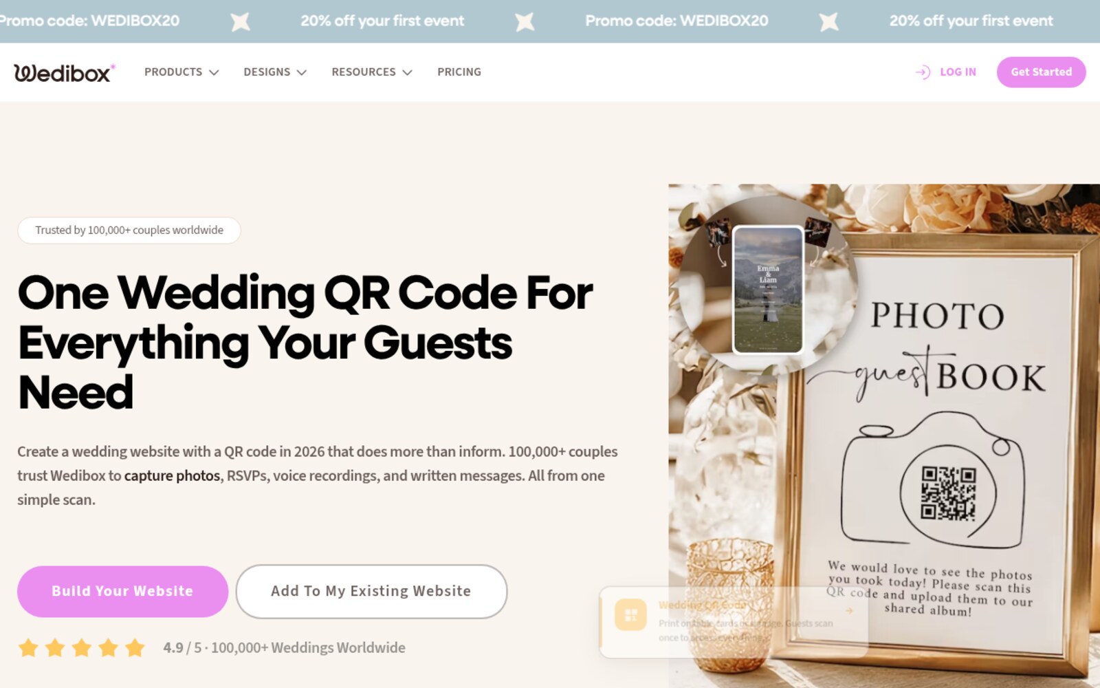 The Wedibox homepage, showing its all-in-one wedding QR code