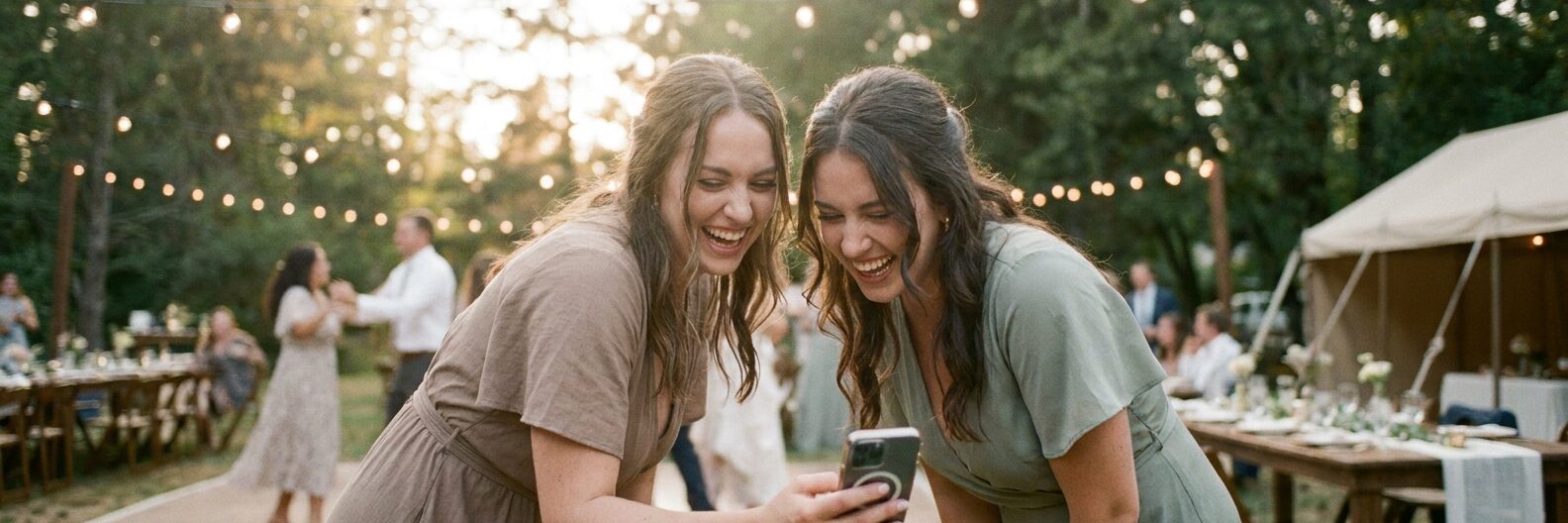 Two wedding guests laughing as they look at a phone at an outdoor golden-hour
  reception